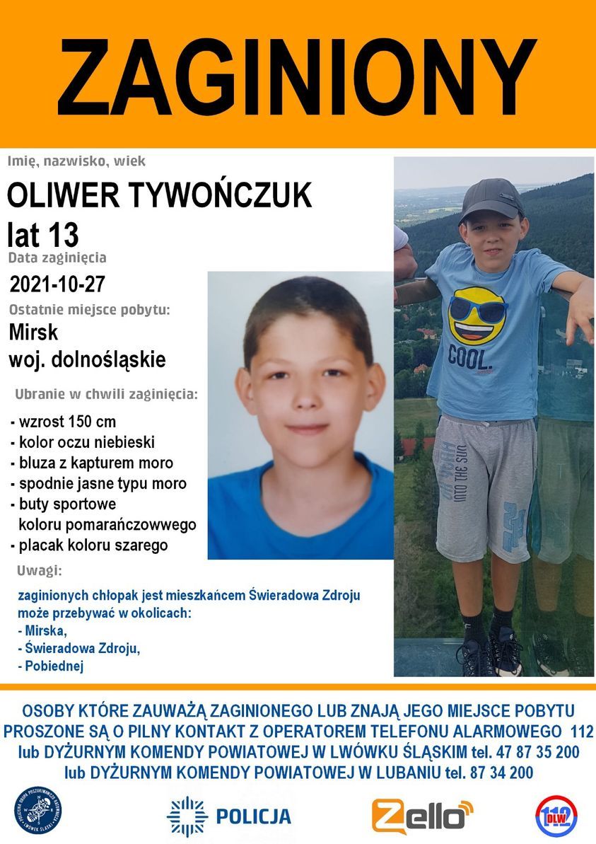 Lwówek Śl.: Zaginął 13–letni Oliwer Tywończuk