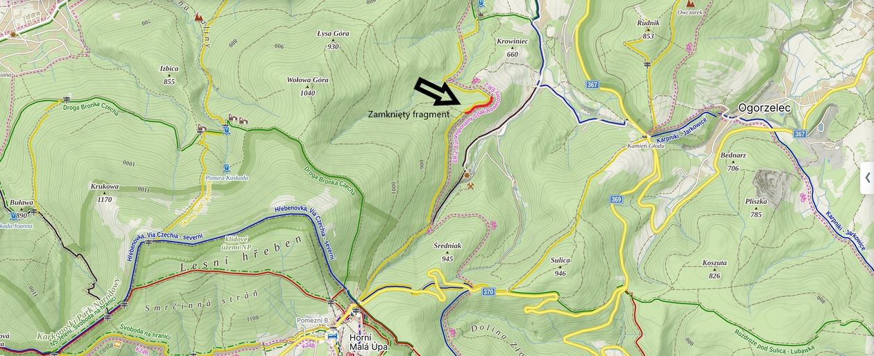 Kowary: Zamknięty szlak przy Przełęczy Okraj