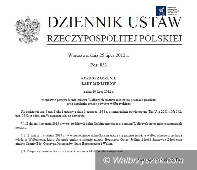 Wałbrzych: Rozporządzenie Premiera w sprawie Wałbrzycha w Dzienniku Ustaw