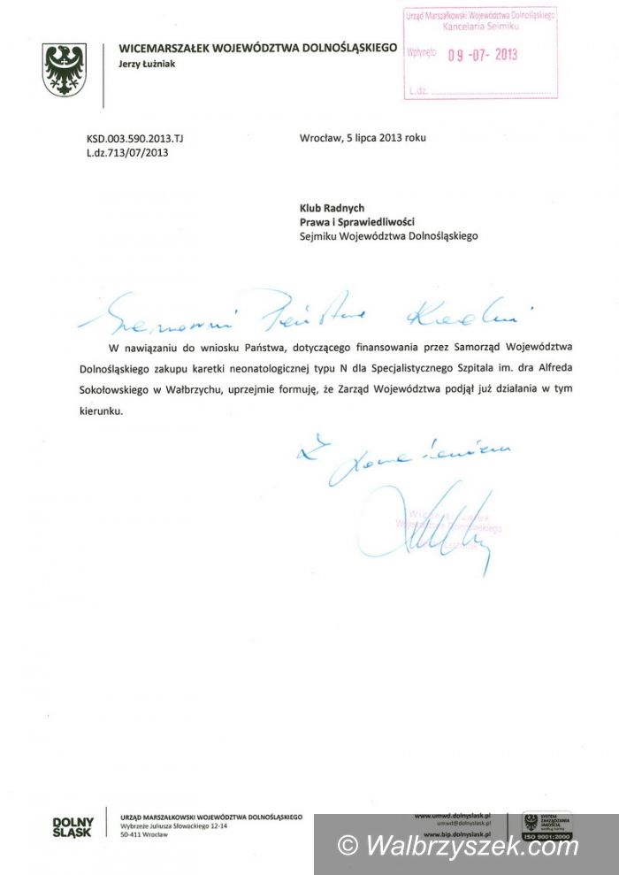 Wałbrzych: Wicemarszałek Województwa Dolnośląskiego wypowiada się na temat zakupu karetki pogotowia dla wałbrzyskiego szpitala