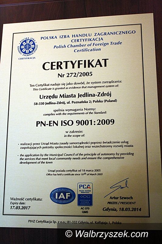 Jedlina Zdrój: Kolejny Certyfikat PN–EN ISO dla Urzędu Miasta Jedlina–Zdrój