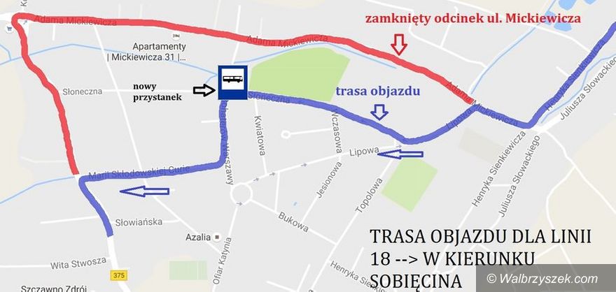 Wałbrzych/Szczawno Zdrój: Zmiana trasy przejazdu linii 18