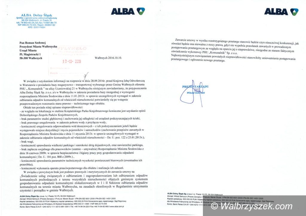 Wałbrzych: Alba nie odpuszcza. Ratusz odrzuca zarzuty