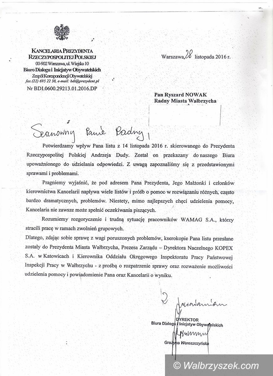 Wałbrzych: Jest odpowiedź Kancelarii Prezydenta RP w sprawie zwolnionych pracowników WAMAG–u