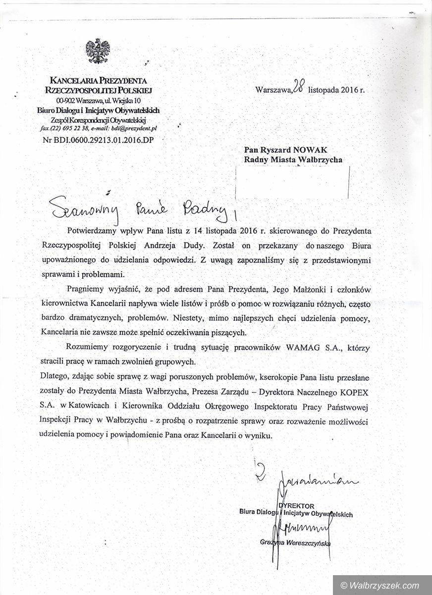 Wałbrzych: Jest odpowiedź Kancelarii Prezydenta RP w sprawie zwolnionych pracowników WAMAG–u
