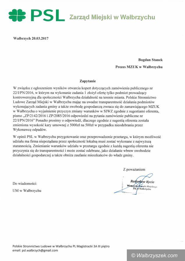 Wałbrzych: PSL tym razem interweniuje w sprawie transparentności zamówień publicznych