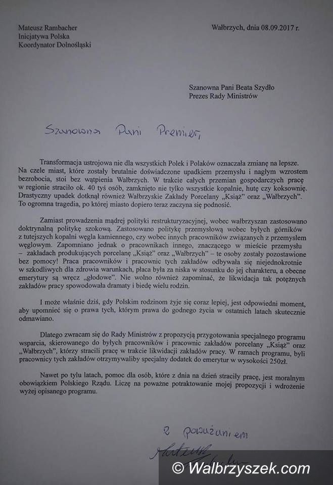 Wałbrzych: Inicjatywa Polska pisze do premier Beaty Szydło w sprawie pracowników wałbrzyskich zakładów porcelany