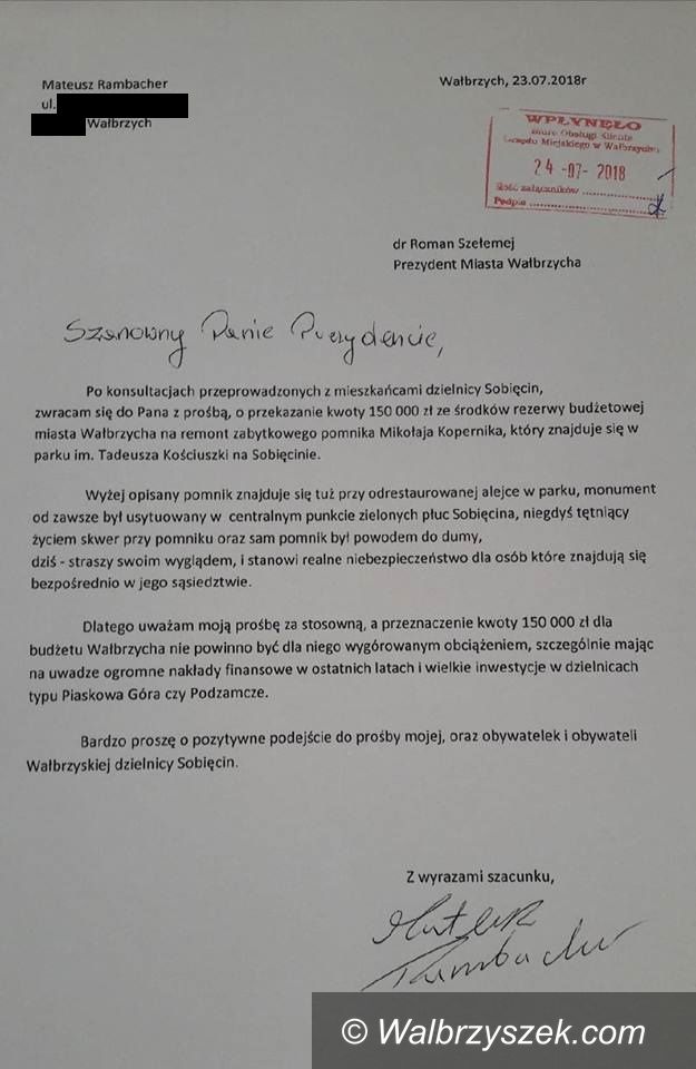 Wałbrzych: Inicjatywa Polska wnioskuje do prezydenta o remont pomnika Mikołaja Kopernika w dzielnicy Sobięcin