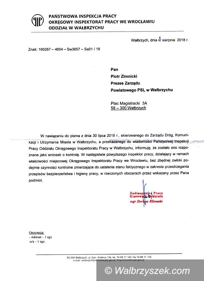 Wałbrzych: Państwowa Inspekcja Pracy przeprowadzi kontrolę w ZDKiUM w Wałbrzychu