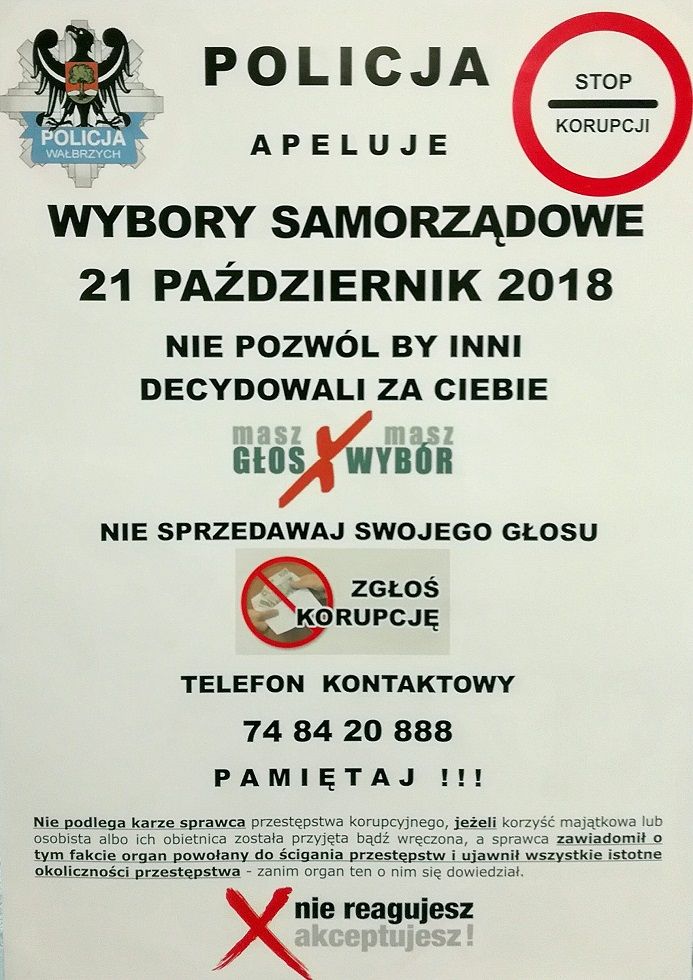 Wałbrzych/REGION: Korupcję wyborczą możesz zgłosić. Wałbrzyska policja uruchomiła wyborczy telefon zgłoszeniowy