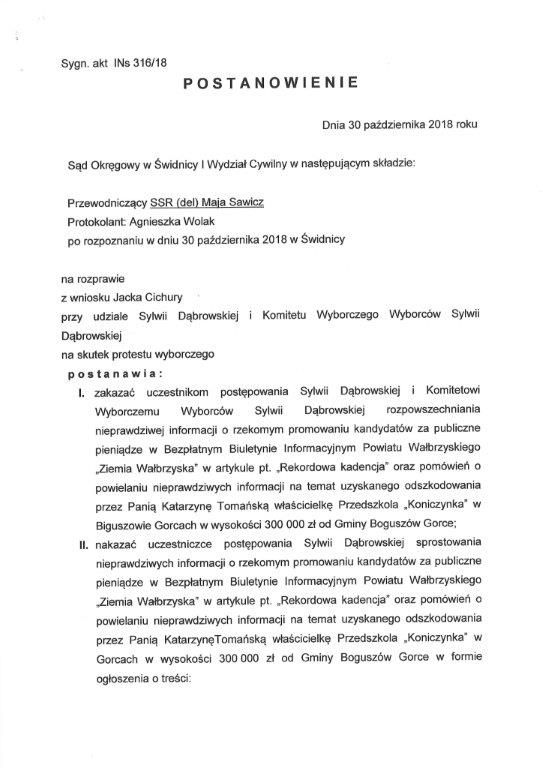 REGION, Boguszów-Gorce: Sąd wydał wyrok w trybie wyborczym dotyczący kandydatów na burmistrza Boguszowa–Gorc