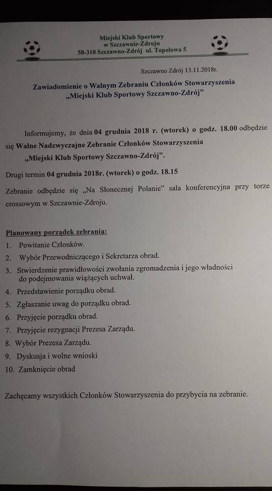 REGION, Szczawno-Zdrój: Prezes MKS–u rezygnuje z funkcji