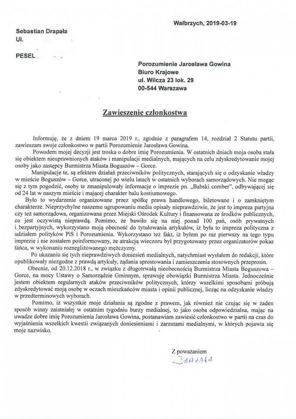 REGION, Boguszów-Gorce: Zastępca burmistrza Boguszowa–Gorc zawiesza członkostwo w partii Porozumienie