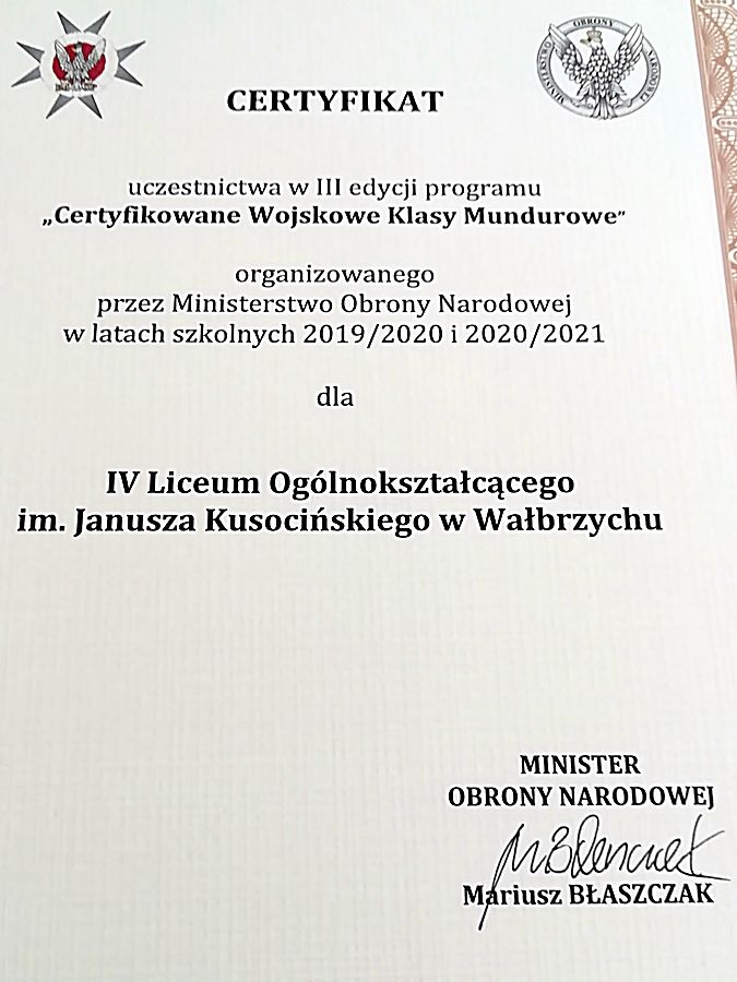 Wałbrzych: Certyfikowane Klasy Wojskowe w IV LO!