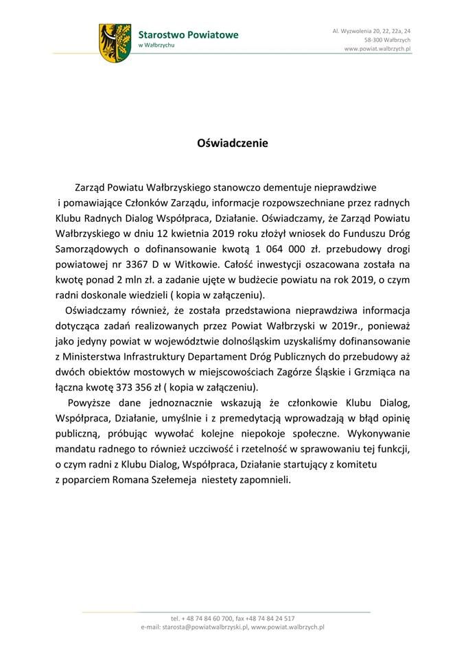 powiat wałbrzyski: Oświadczenie Zarządu Powiatu