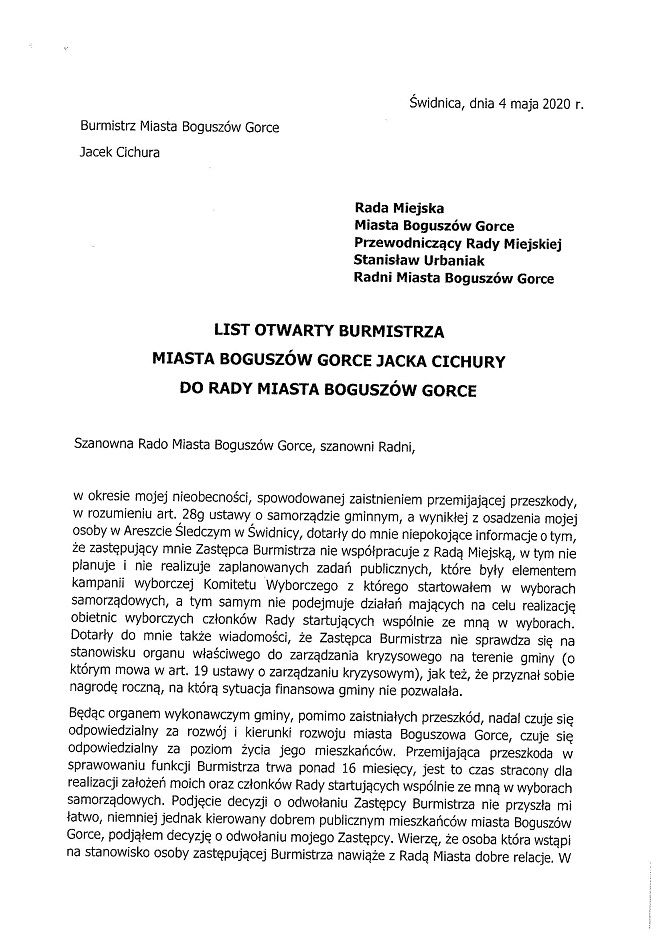 REGION, Boguszów-Gorce: List otwarty burmistrza