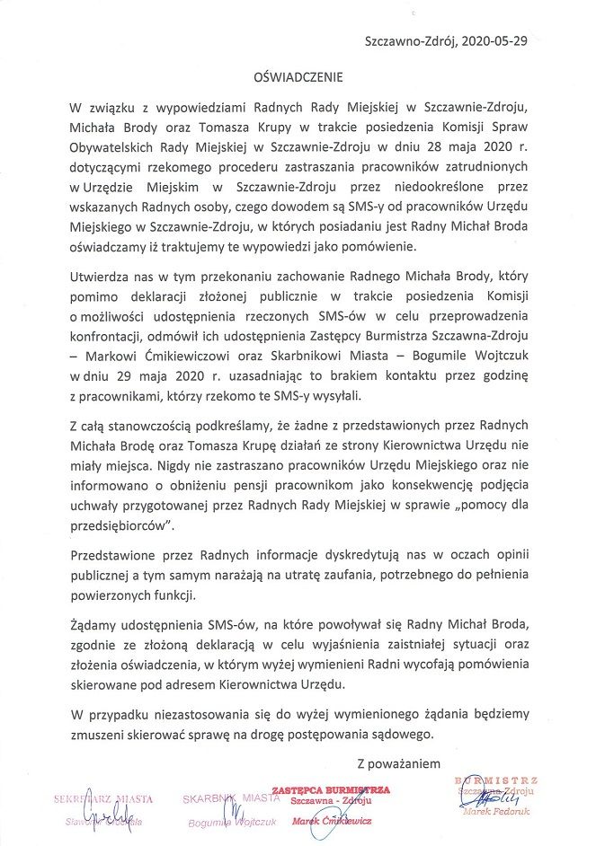 REGION, Szczawno-Zdrój: Oświadczenie burmistrza