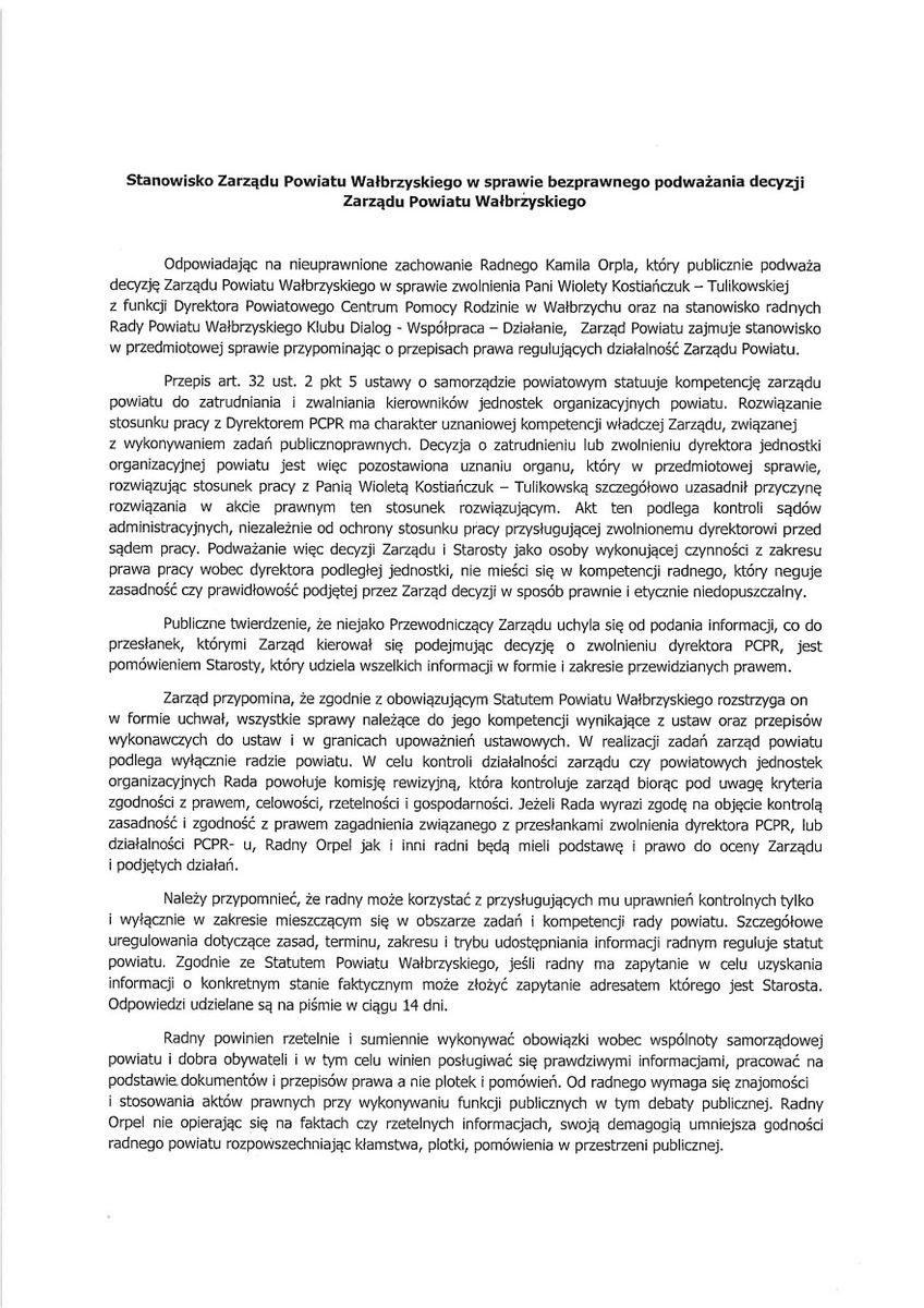 powiat wałbrzyski: Oświadczenie Zarządu Powiatu
