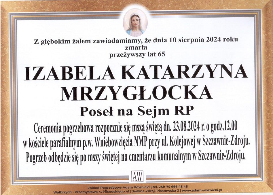 Wałbrzych/Szczawno-Zdrój: Znamy termin pogrzebu posłanki Mrzygłockiej