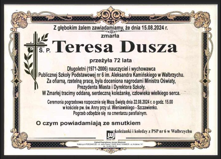 Wałbrzych: Zmarła Teresa Dusza