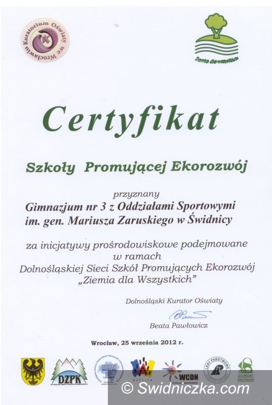 Świdnica: Gimnazjum nr 3 otrzymało certyfikat Szkoły Promującej Ekorozwój