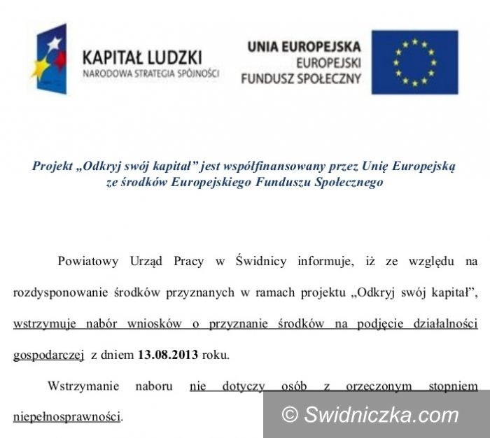 Świdnica: Wstrzymanie naboru wniosków o przyznanie środków na podjęcie działalności gospodarczej