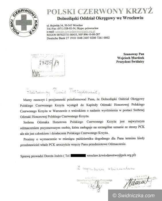 Świdnica: PCK uhonorowało prezydenta Świdnicy