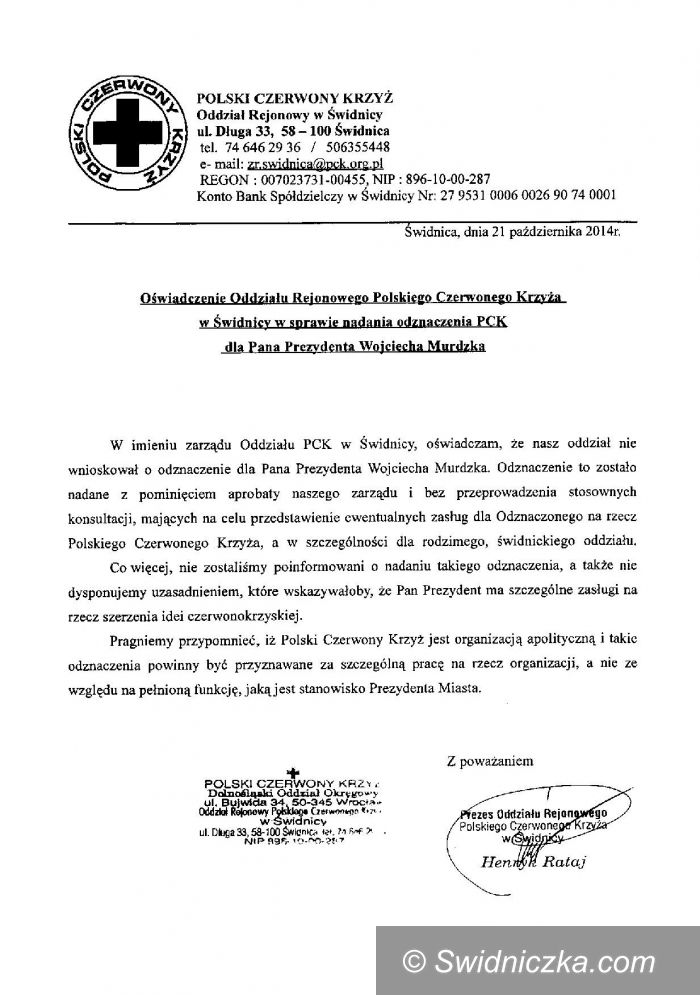 Świdnica: Oddział PCK w Świdnicy komentuje wyróżnienie prezydenta Murdzka
