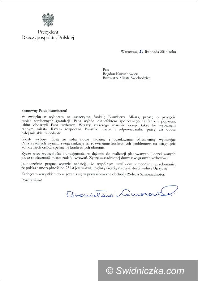 Świebodzice: Prezydent RP gratuluje władzom Świebodzic