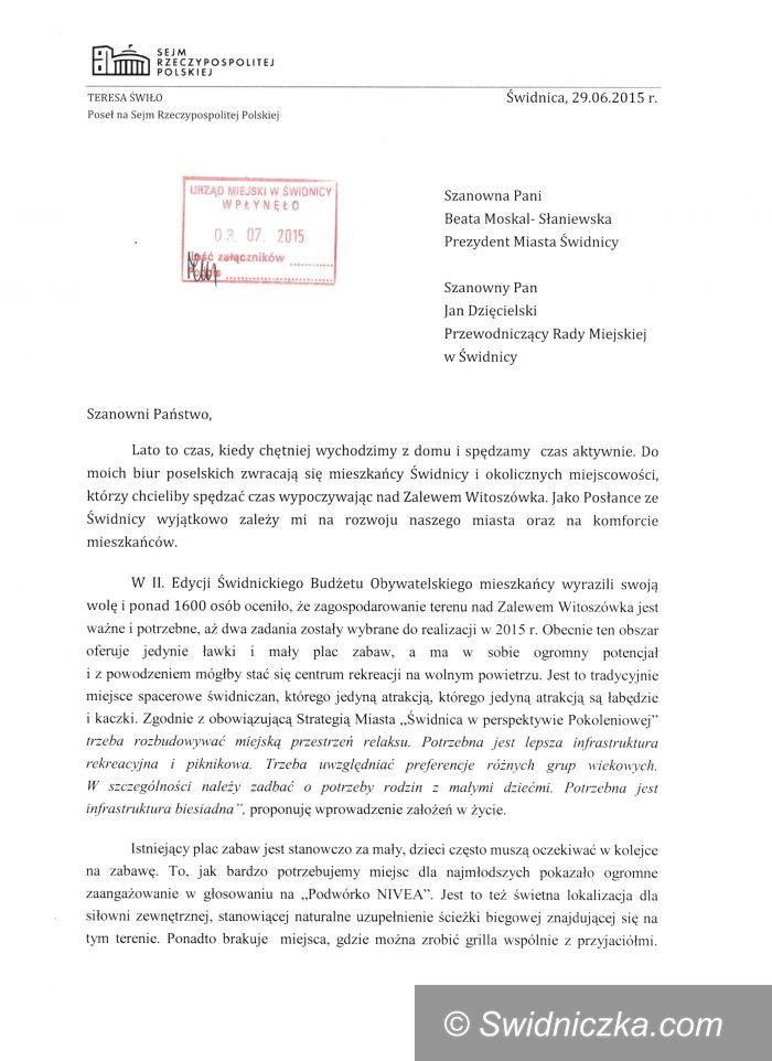 Świdnica: List otwarty dotyczacy Zalewu Witoszówka