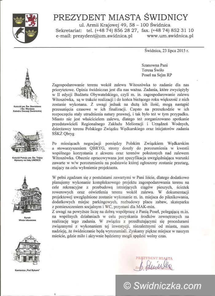 Świdnica: Prezydent Świdnicy odpowiada na list otwarty w sprawie Zalewu Witoszówka