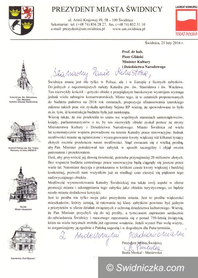 Świdnica: List Prezydent Miasta Świdnicy do Ministra Kultury i Dziedzictwa Narodowego