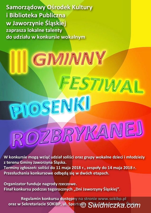 Jaworzyna Śląska: Zapraszamy do udziału w Gminnym Festiwalu Piosenki Rozbrykanej w Jaworzynie Śląskiej